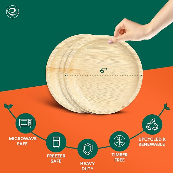 ECO SOUL Palm Leaf Plates 6" Round (50 Count) - Disposable, Eco-Friendly, Biodegradable Bamboo Appetizer Plates - Perfect Dinnerware for Parties, Weddings, Events & Holidays