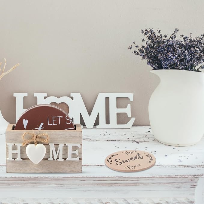 Queekay Coasters Set of 6 House Warming Gifts New Home Wooden Farmhouse Drink - Image 6