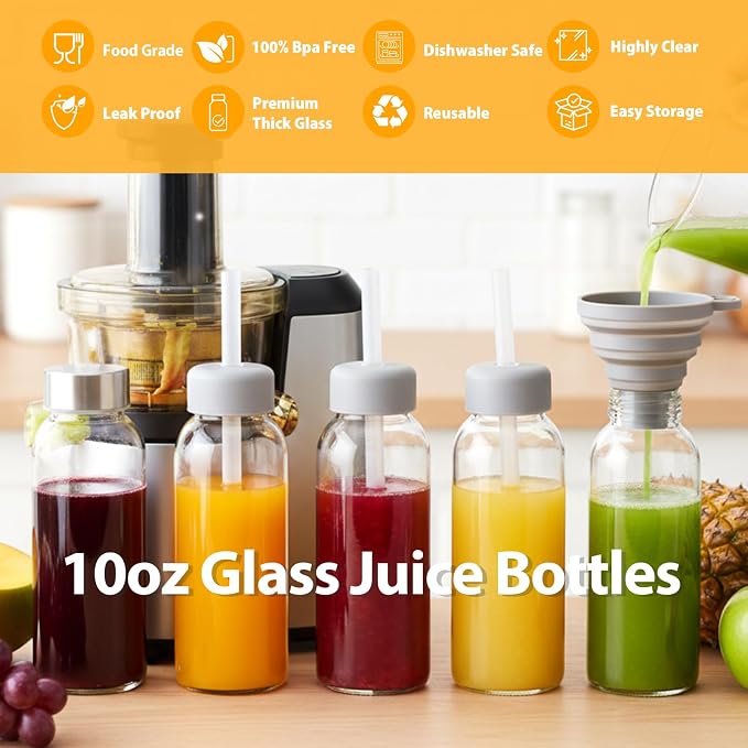 Sursip 10 oz Glass Juice Bottles, 10 Pack, Leakproof Stainless Lids | Reusable - Image 3