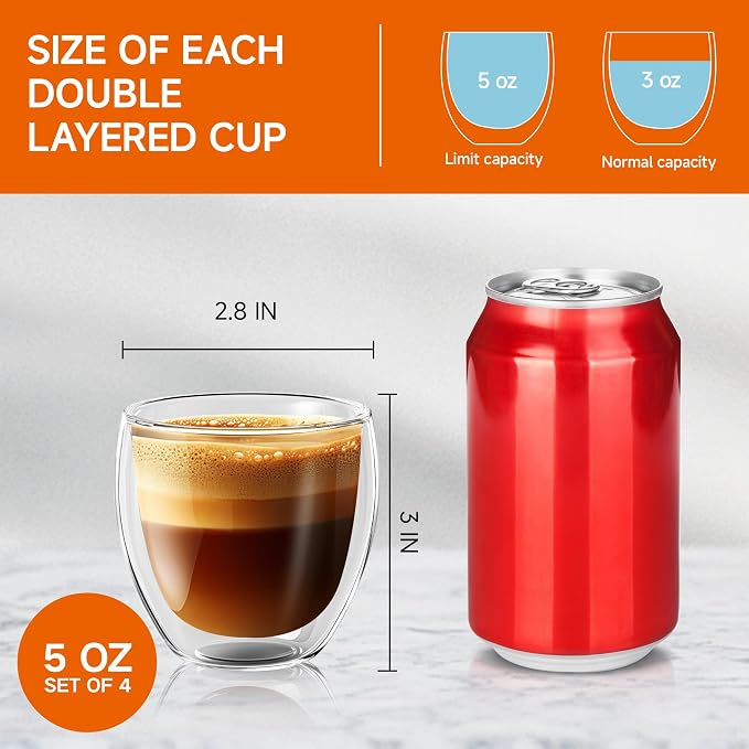 5 Ounces Set of 4 Double Walled Glass Coffee Mugs Insulated Layer Coffee Cups - Image 4