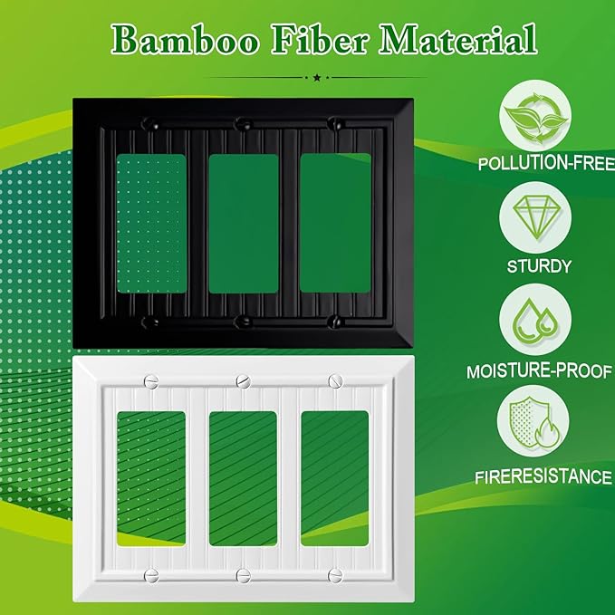 Beadboard Outlet Covers Wall Plates, Bamboo Fiber Light Switch Covers, Natural Material Electric Receptacle Decorative Switch Plate Outlet Cover Matte Black (3 Gang Decorator 1 Pack)