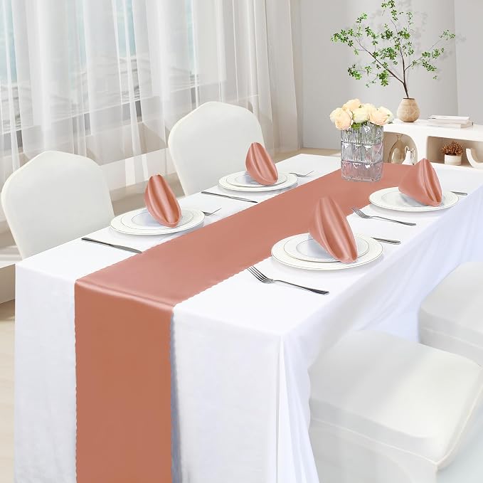 VACVELT Rose Gold Satin Table Runners, 12x72 Inch, 2 Pack, Scalloped Edge | - Image 2
