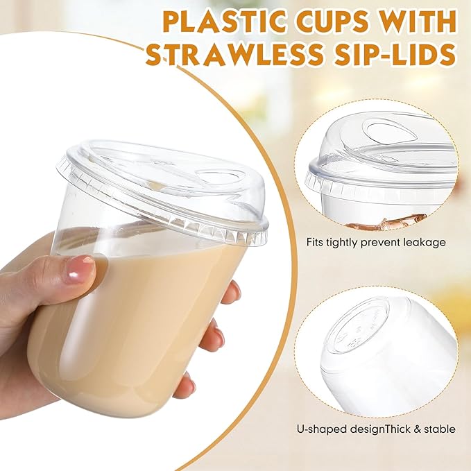 Baderke 100 Pcs Plastic Cups with Sip Lids Round Bottom Disposable Plastic Coffee Cups with Lids Clear Strawless Crystal Mugs for Iced Coffee Smoothie Cold Beverage Party Catering Supplies (14 oz)