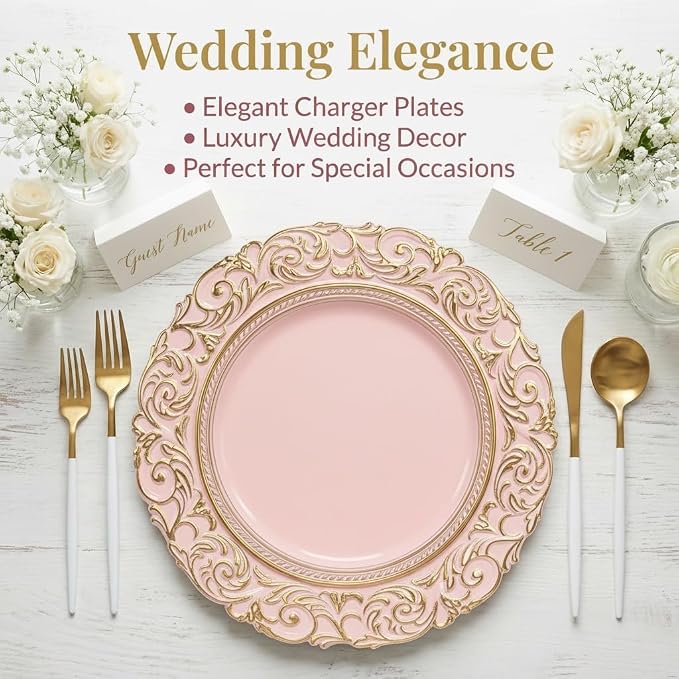 Pink Charger Plates with Gold Embossed Rim, Plate Chargers - Image 5