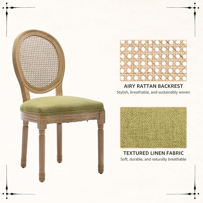 Vintage French Rattan Dining Chairs Set of 6, Round Back Accent Chairs with Rattan Backrest and Upholstered Linen Seat, Solid Frame Wood Sillas de Comedor for Dining Room & Kitchen, Olive Green