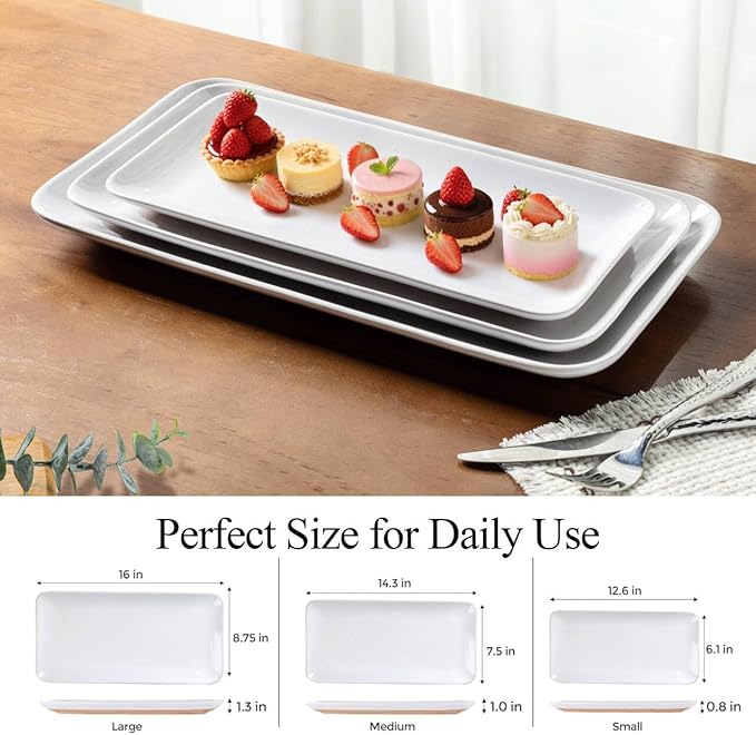 AmorArc Ceramic Serving Platter,Rectangular 16"/14.3"/12.6" inch Serving Dishes for Party Entertaining,Stoneware Serving Trays for Turkey,Salad,Microwave&Dishwasher Safe-Set of 3-White