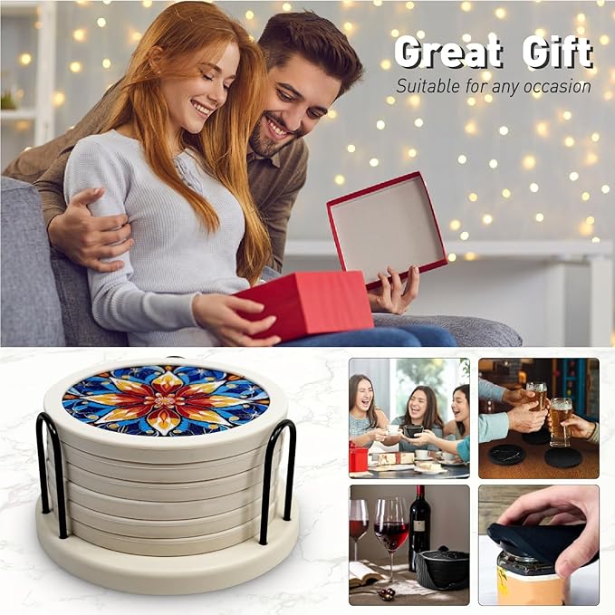 Mandala Non-Slip Silicone Coasters, 4-Pack Double-Sided Absorbent Cup Mats for Hot & Cold Drinks, Scratch & Water Ring Protection for Wood Tables, Home Office Bar Use (6PC Wanda La)