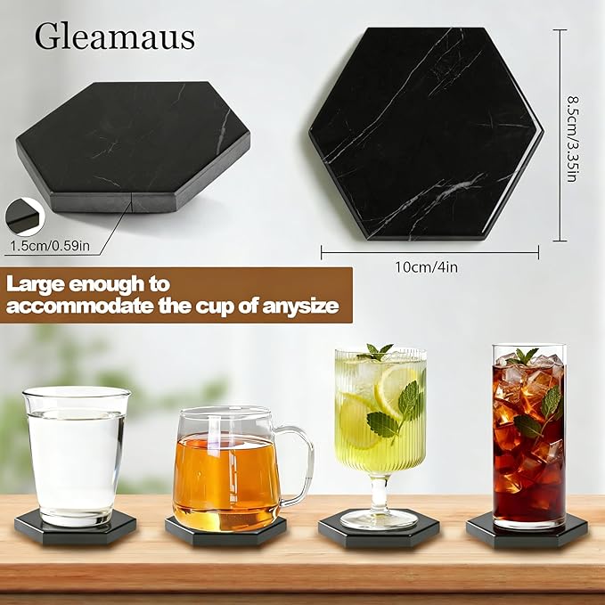 Natural Marble Coasters, Hexagonal Costers, Luxury Aesthetic Modern Decor for Coffee Table Bar Kitchen Home, Black Marble, Real Natural Semi Absorbent Stone Coasters