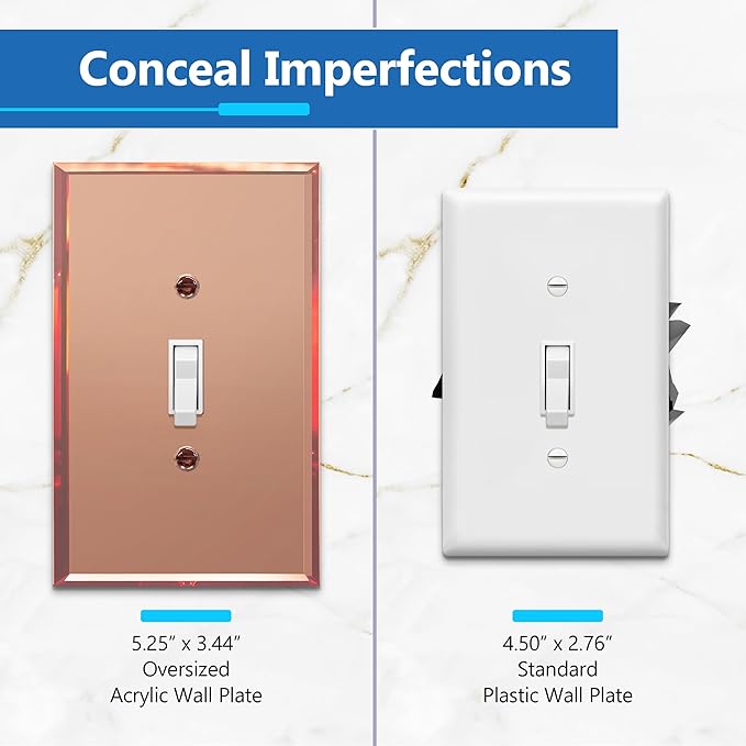 LIDER Toggle Switch Acrylic Wall Plate, Mirrored Light Switch Plate, Plexiglass Switch Cover, Mirror-like Reflective Finish, Modern Upgrade, Oversized 1-Gang 5.25" x 3.44", Rose Gold