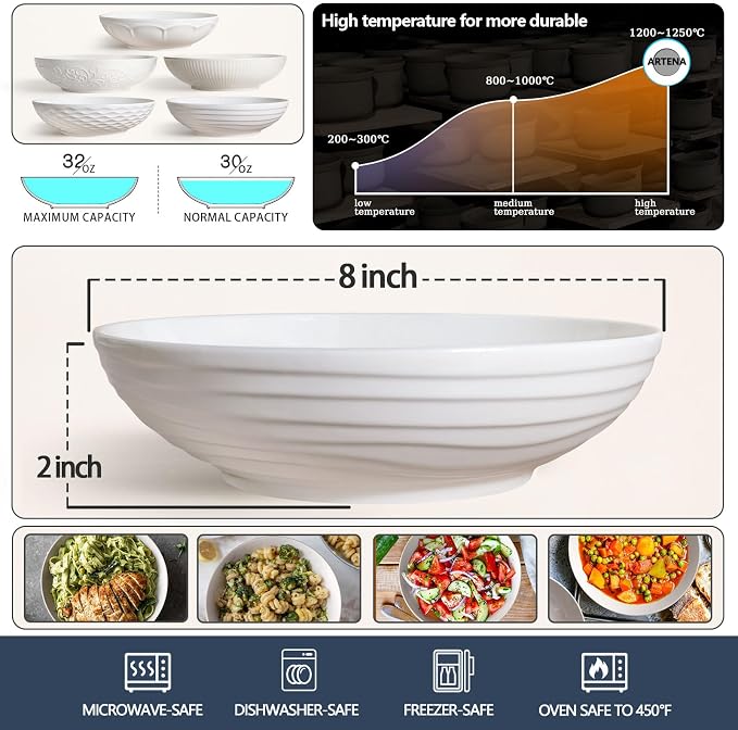 Pasta Bowls 32oz, Ceramic Large Salad Bowls 8 inch, Soup Bowls Set of 4 - Image 2