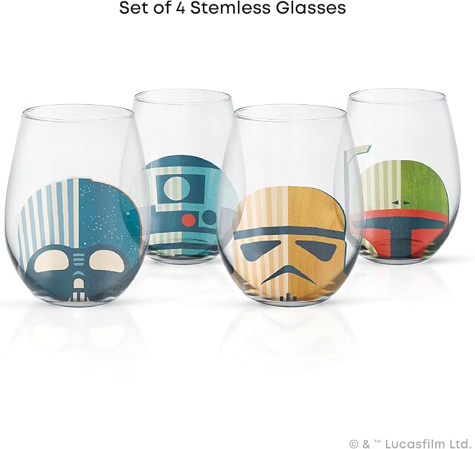 JoyJolt Star Wars™ Helmet Hues Tumblers Stemless Glasses. Set of 4 Large 19oz Glass Drinking Glasses, Wars Kitchen Gifts and, Collectibles for Adults, HH681