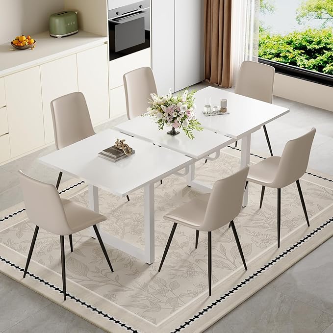 Extendable Dining Table Set for 6, 55"–71" Modern White Kitchen Table with 6 Upholstered Chairs, Space-Saving for Living Room Apartment, Sturdy & Comfortable, Easy Assembly