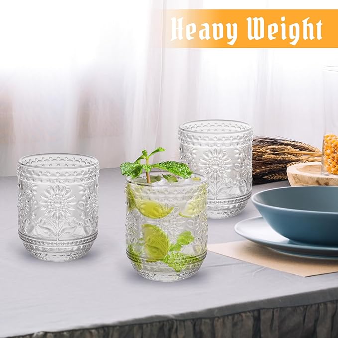 Topsky Clear Vintage Drinking Glass Set of 6,12 oz Embossed Floral Decorative Glassware Set,Glass Cups Wine Glasses Beverages Tumblers Colored Glassware for Whisky,Beer,Juice,Cocktail,Heavy Duty