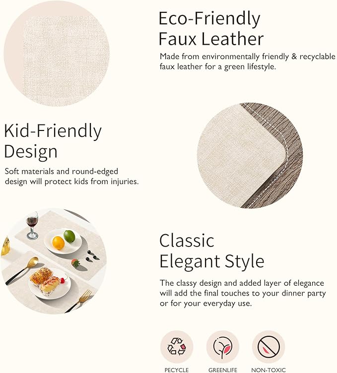 Maxpearl Faux Leather Placemats Set of 4 - Waterproof - Wipe Clean - Heat Resistant - Anti Slip Dining Table Place Mats, Suitable for Indoor & Outdoor Use, 17’’×12’’, Beige
