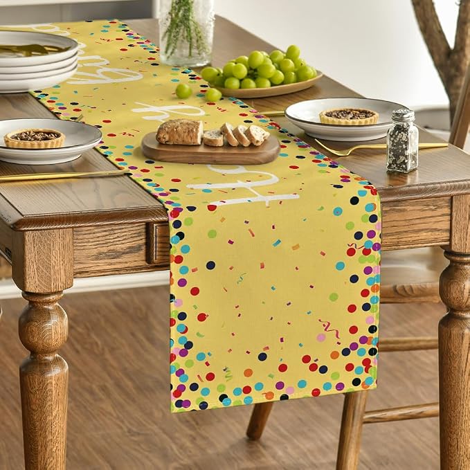 Artoid Mode Polka Dot Yellow Happy Birthday Table Runner, Seasonal Summer - Image 3