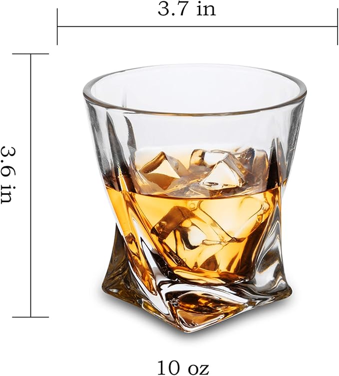 KANARS Whiskey Glasses Set of 4, 10 Oz Crystal Old Fashioned Cocktail Glass in Gift Box, Twisted Lowball Bourbon Tumbler for Scotch Whisky Cognac, Rock Barware for Men Gift Christmas