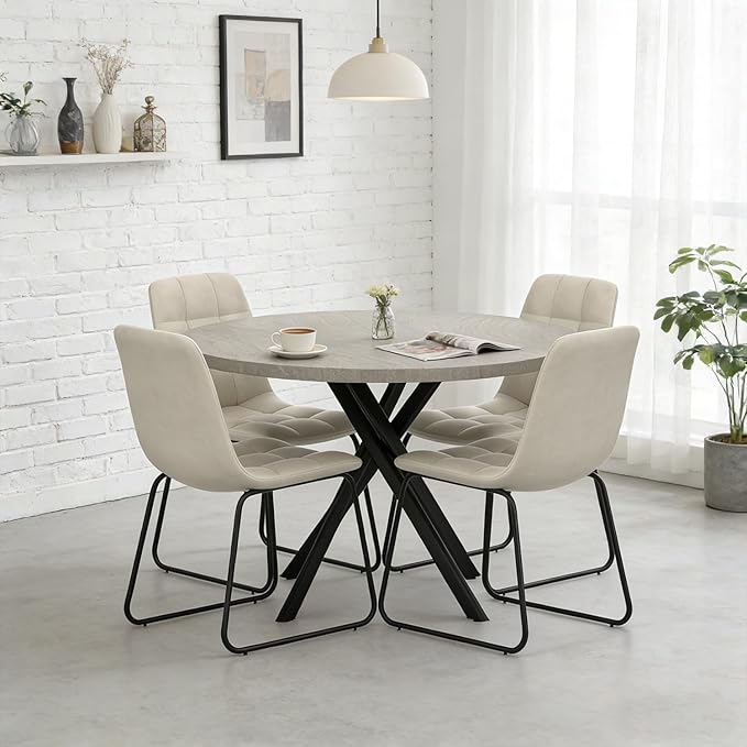 44" Round Dining Table with Cozy Chair Set for 4, Modern Mid-Century Dining Table Set of 4, Dinette Sets with Metal Leg for Kitchen Dining Room Apartment(Gray Table + Beige Chairs)