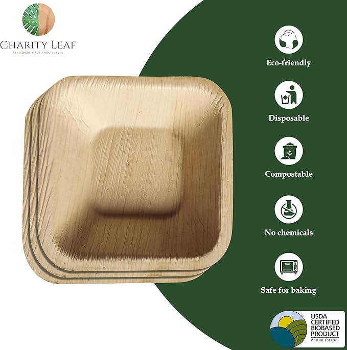 Charity Leaf Disposable Palm Leaf 2.5" Square Mini Bowl (25 pcs) Dipping Bowls | Bamboo Like| All Natural and Biodegradable | Charcuterie Boards, BBQs, and Parties