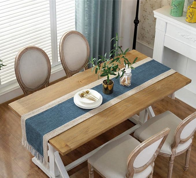 Rustic Table Runner with Fringe 15 x 108 Inches Long Blue | Natural Elegant - Image 3