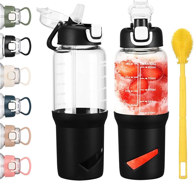 SIEROZUR 32 oz Glass Tumbler with Straw, Glass Water Bottles with 2 Lids-Handle Spout Lid & Straw Lid, 1 Liter Motivational Water Bottles, Silicone Sleeve, Fits Car Cup Holder,Black