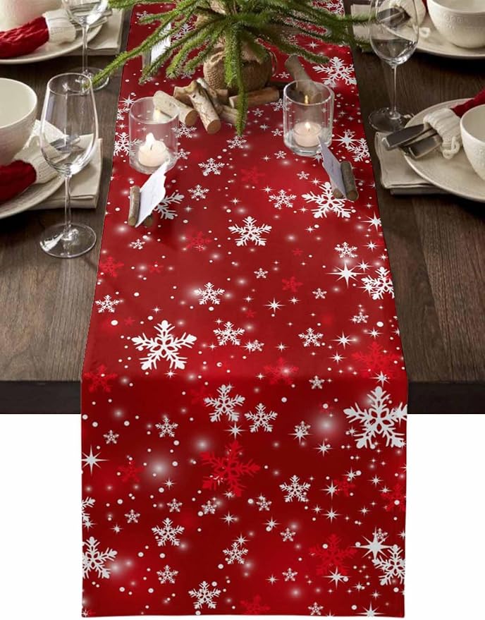 Red Christmas Table Runners 108 Inches Long, Cotton Linen Fabric Snowflake by Edwiinsa