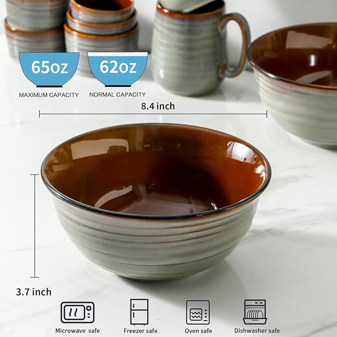 Serving Bowls, 60oz Deep Ceramic Mixing Bowls for Salad Pasta Soup Pho Popcorn, 8.4In Large Bowl Set of 2 for Baking Cooking Kitchen Party Dinner, Microwave and Dishwasher Safe, Brown