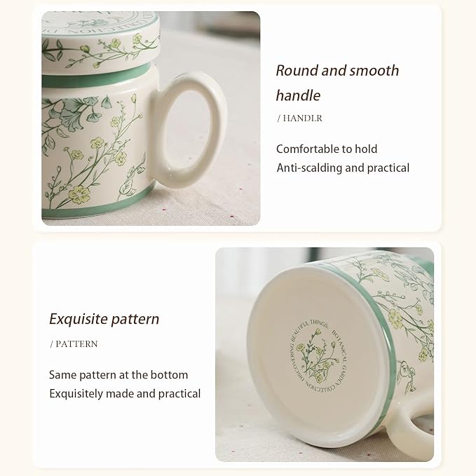 12.9oz Ceramic Coffee Mug with Lid, Flower Patterned Porcelain Mug, Ceramic Tea - Image 4