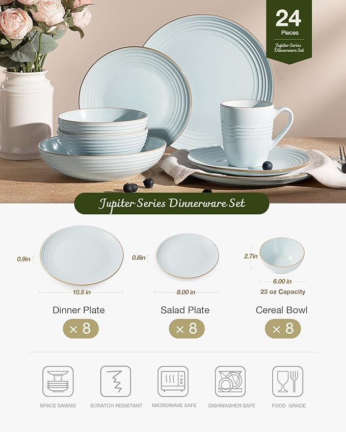 Famiware Jupiter Dinnerware Set, Plates and Bowls Dish Sets for 8 (24 Pieces), Microwave and Dishwasher Safe Stoneware Speckled Tableware, Chip and Scratch Resistant, Light Blue