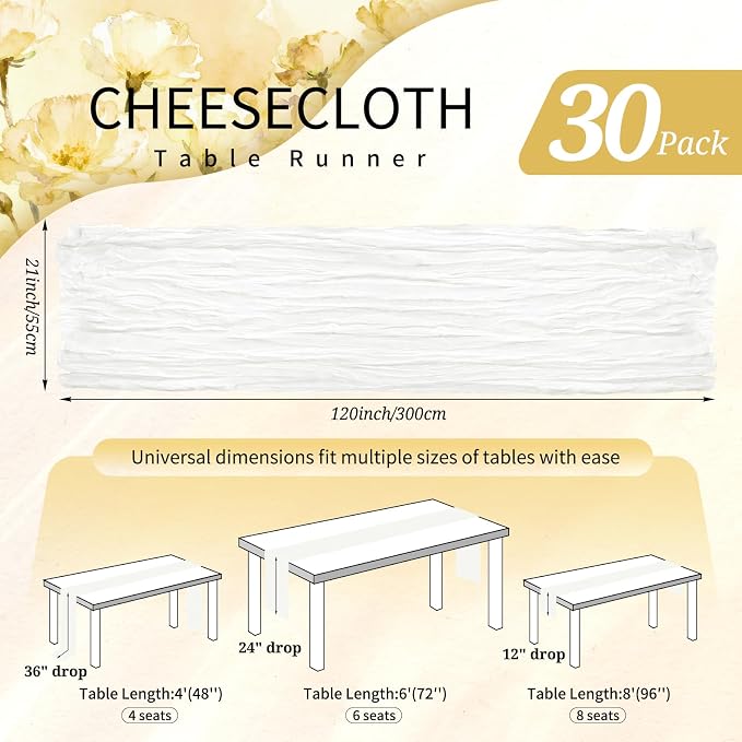 30 Pack Cheesecloth Table Runner 10FT Ivory White Table Runner Boho Gauze - Image 2
