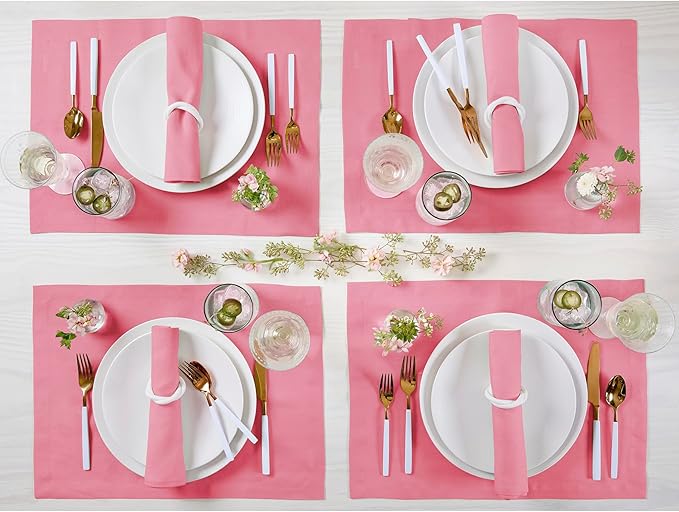 Solino Home Linen Cloth Placemats Set of 4 - 100% Pure Linen Pink Carnation Placemats 14 x 19 Inch for Valentines, Spring, Easter - Fete