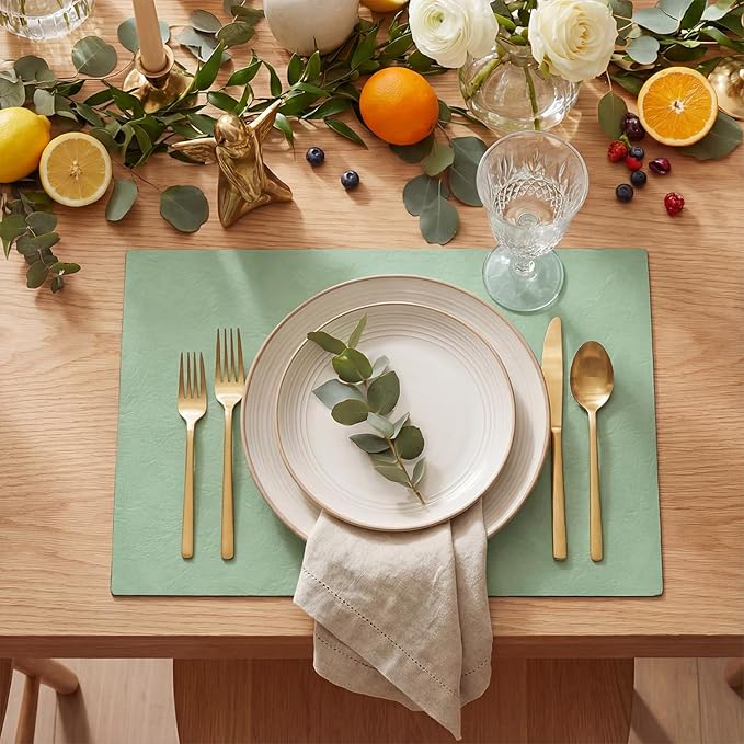 Artoid Mode Sage Faux Leather Placemats Set of 6, 12x18 Inch Waterproof Wipeable Heat Resistant Vinyl Place Mats, Reversible Table Mats for Spring Kitchen Dining Decor