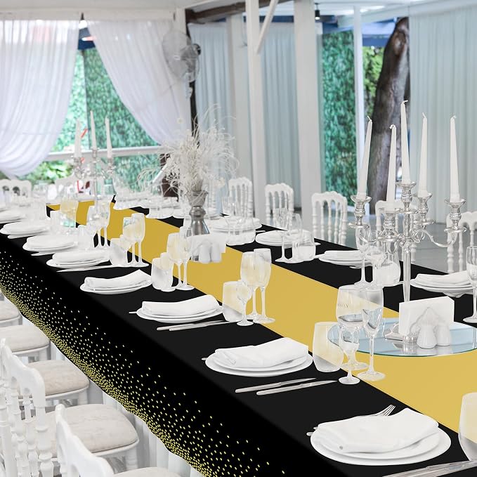 24 Pack Black and Gold Tablecloth and Table Runner Set Party Decorations - Image 7
