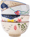 Japanese Retro Rice Bowls Set of 4 Hand-Painted Floral Design Ceramic Soup by Whitenesser