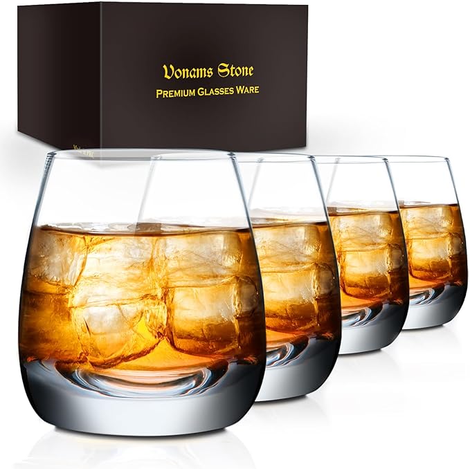 Old Fashioned Whiskey Glasses - Set of 4-8 oz Premium Crystal Clear Tumblers for Scotch Bourbon and Cocktails
