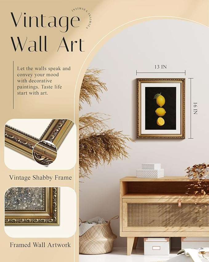 InSimSea Gold Framed Wall Art, Lemon Kitchen Wall Shelf Decor, Dark Moody Still Life Canvas Print Art, Dining Room Farmhouse Decor, Antique Paintings with Picture Frame 13x16inch