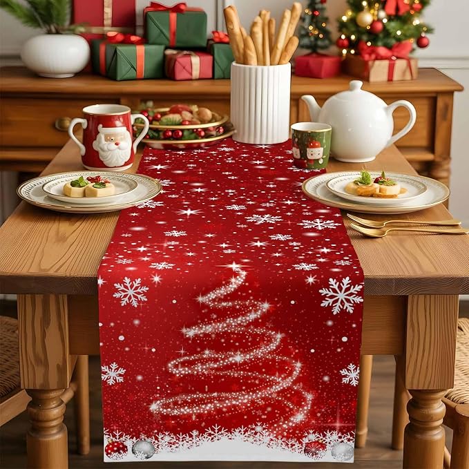 Red Christmas Table Runner 48 Inches Long, Xmas Tree Balls Snowflake Table - Image 5