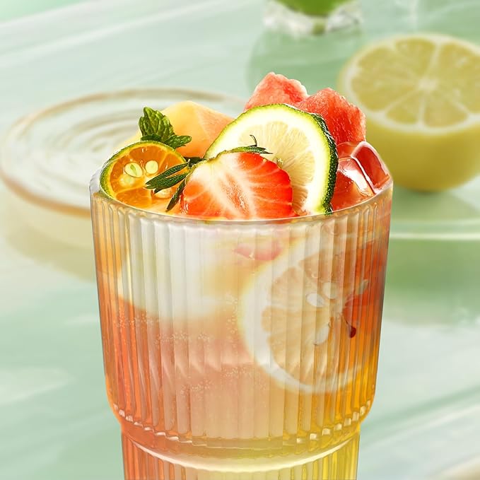 Drinking Glasses，19oz Ribbed Glassware, 4 Pack Old Fashioned Glasses,Thickened glass for iced coffees, smoothies, cocktails and juices, perfect for families and parties (4)