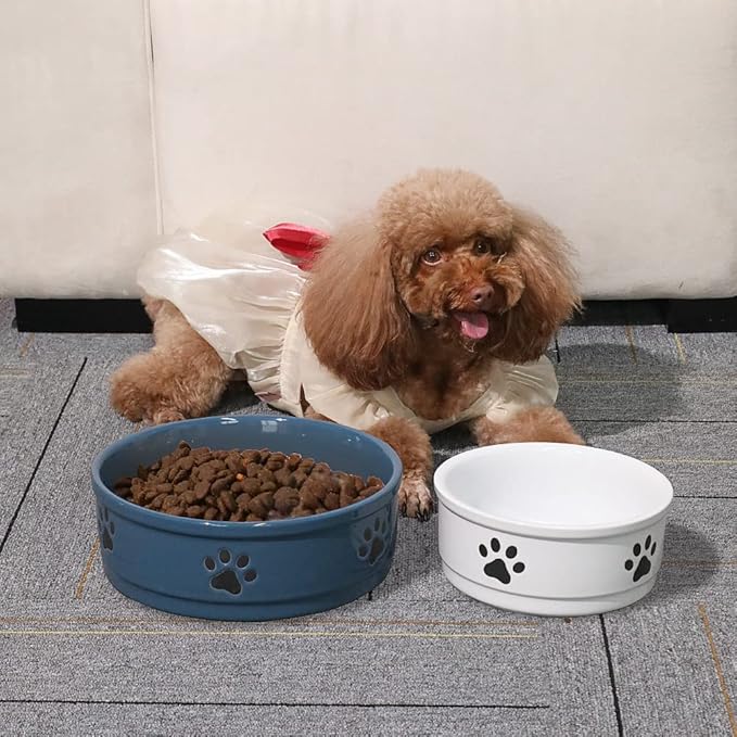 Sweejar Ceramic Dog Bowls with Paw Pattern, Dog Food Dish for Large Dogs, Porcelain Pet Bowl for Water 70 Fl Oz (White)