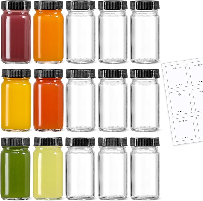 LANDNEOO 15 Pack 2 oz Glass Shot Mini Bottles w/Black Lids & 15 Labels by MakeLifeBetterEasier