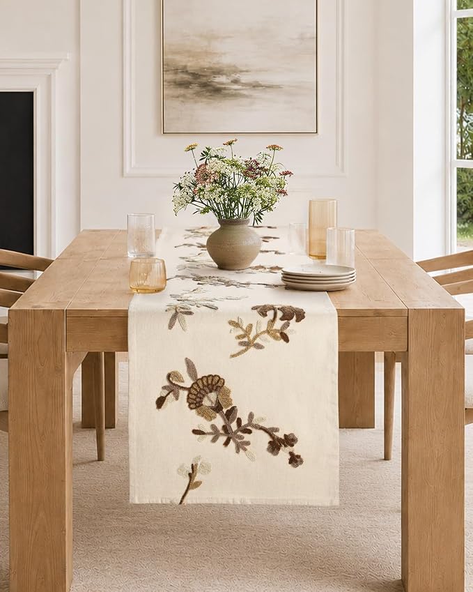 Embroidered Canvas 13"x 72" Narrow Table Runner, Dried Flower | Exquisite - Image 5