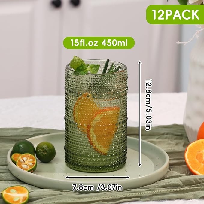 Moretoes 12 Pack 15 Oz Green Large Hobnail Drinking Glasses Set | Vintage - Image 2