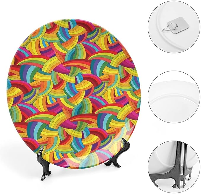 Ceramic Display Plate, Abstract Decor Ceramic Hanging Decorative Plate, Colorful Rainbows Wheels Spiral Wavy Fashionable, 10 Inch, Living Room Kitchen Decoration Household, Multy