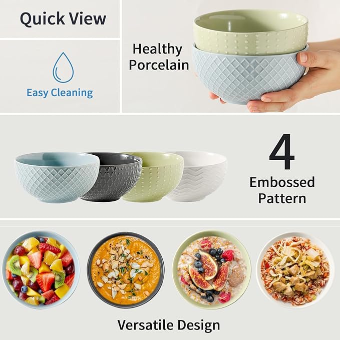 HASENSE Cereal Bowls, 26oz Soup Bowls Set of 4, Embossed Stoneware Porcelain Cereal Bowls, Large Ceramic Soup Bowls for Cereal, Oatmeal, Fruit, Salad, Noodle, Microwave Dishwasher Safe, Green