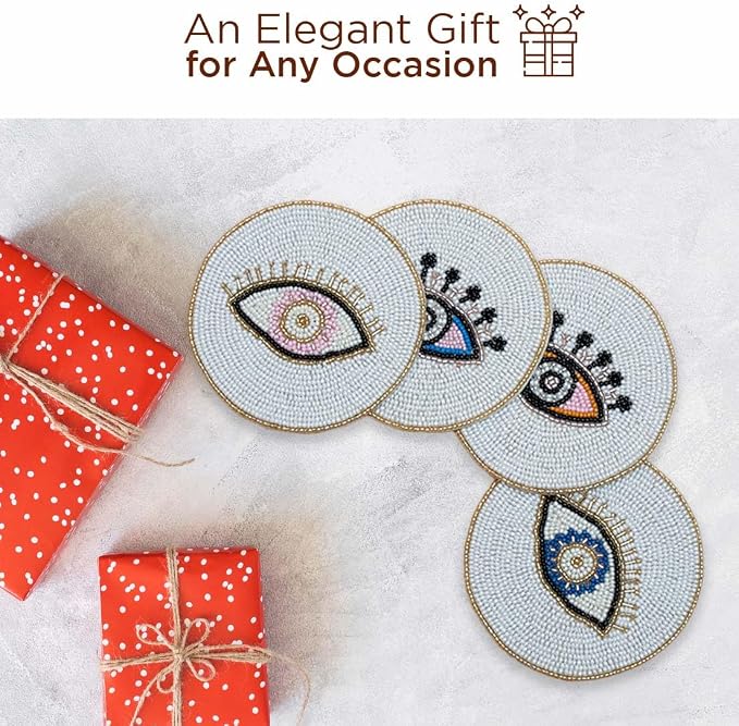 Folkulture Coasters Set of 4 | Beaded Hand-Crafted Evil Eye 2.0 Handmade Boho - Image 8