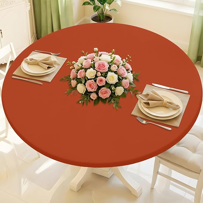 Round Spandex Tablecloth, Elastic Fitted Waterproof Tablecloths for 25"-30" Tables, Stretch Washable Picnic Table Cover for Camping, Dining, Indoor and Outdoor, Rust