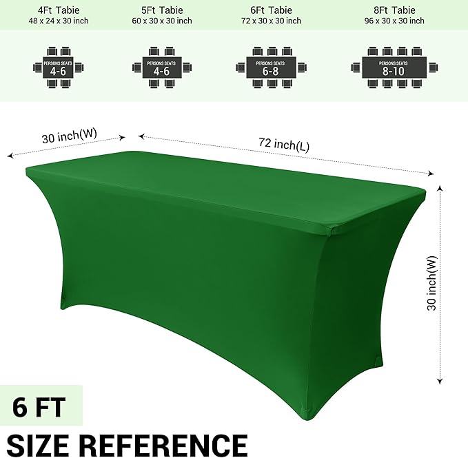 Obstal 6 Pack Stretch Spandex Green Table Covers for 6 Foot Tables - 6 FT Universal Rectangular Fitted Tablecloth Protector for Wedding, Banquet, Party, 72 Length x 30 Width x 30 Height Inches