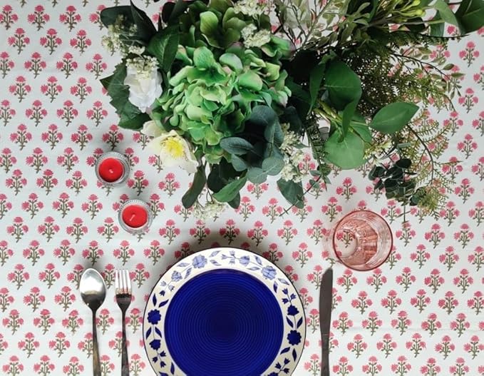 ATOSII Gulbahar White Pink 100% Cotton Fall Rectangle Tablecloth, Handblock Print Floral Table Cloth for Kitchen Dining Linen I Thanksgiving Christmas Weddings Outdoors I 72 X 108 Inches I 8 Seater