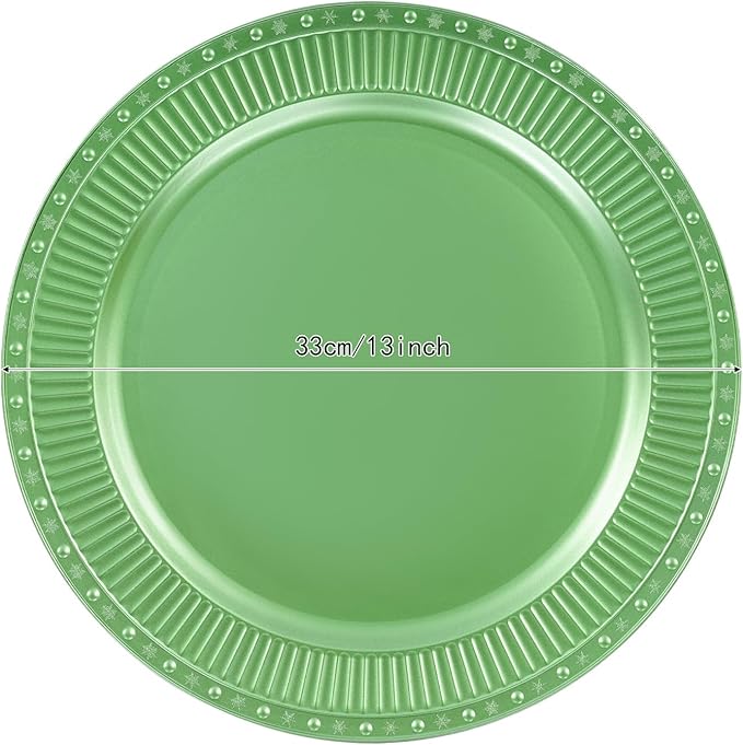 100 PCS Antique Charger Plates, Vintage Round Plastic Dinner Plates with Textured Edges, Stackable Tabletop Chargers for Weddings Parties Restaurants (Green)