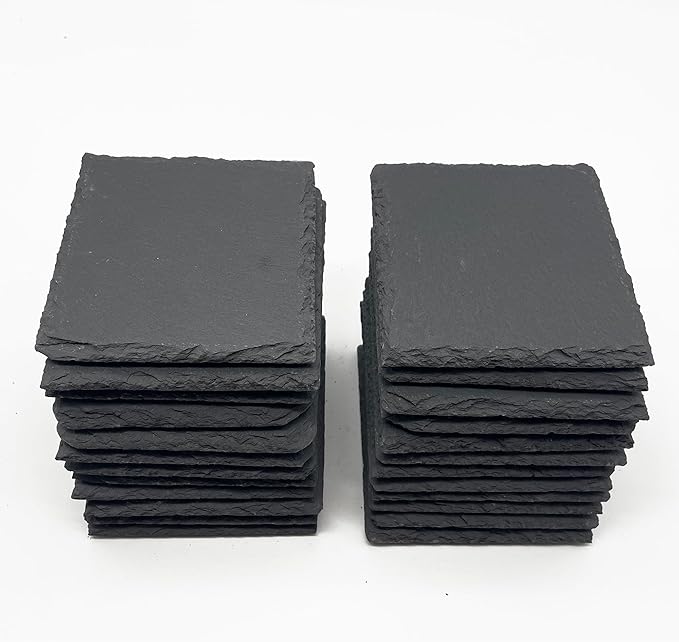 24 Pack 4 inch Square Slate Coasters,Handmade Natural Rough Edge,with Integral Anti-Skid pad,Laser Engraving Blanks,Stone Coasters