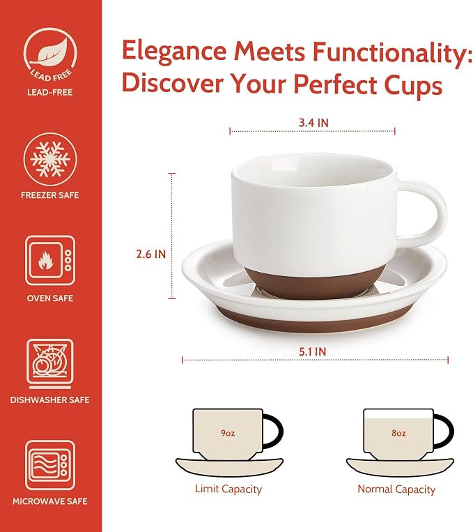 Sweese 8 Ounce Cappuccino Cups Set of 4, Porcelain Stackable Coffee Cups - Image 2